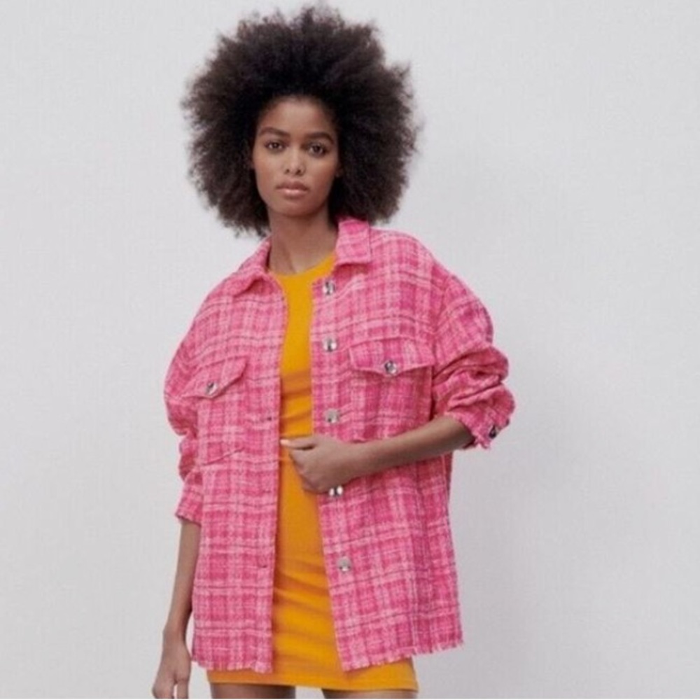 Zara Tweed Textured Woven Plaid Overshirt